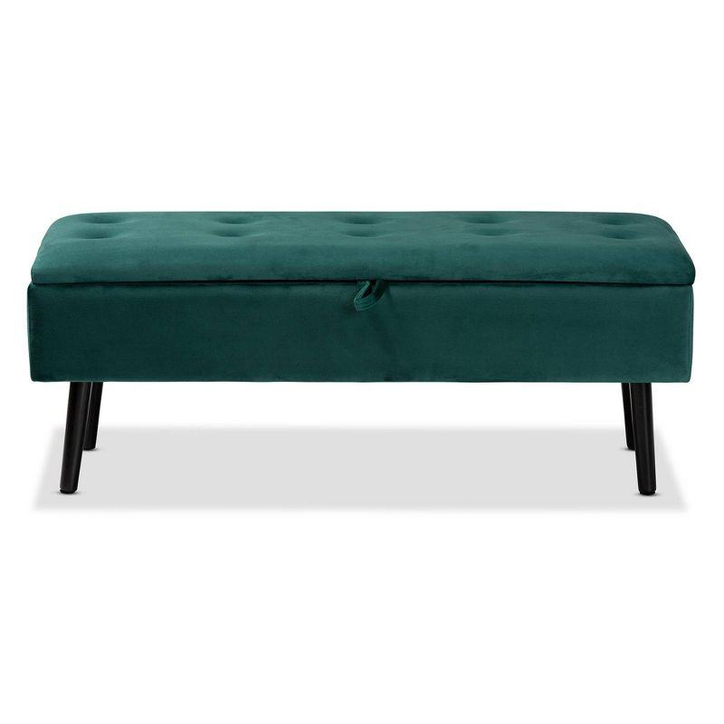 Caine Green Velvet Upholstered Storage Bench with Dark Wood Legs