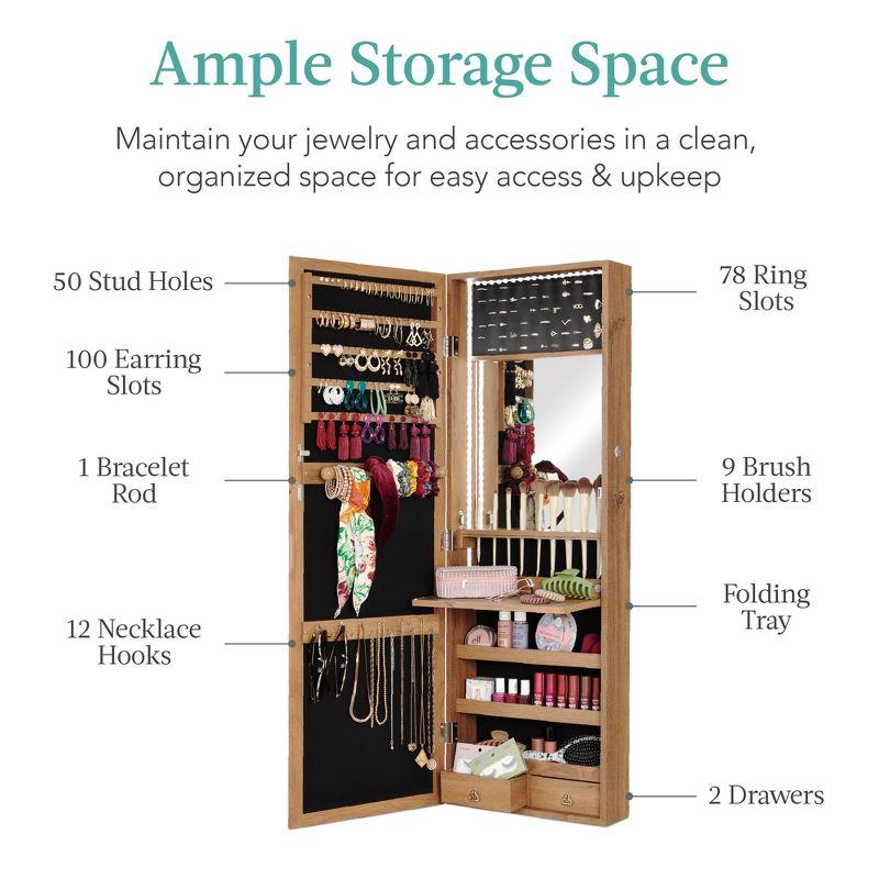 Best Choice Products Hanging Mirror Jewelry Armoire, Door or Wall Mounted Cabinet w/ LED Lights, Lock - Rustic Brown