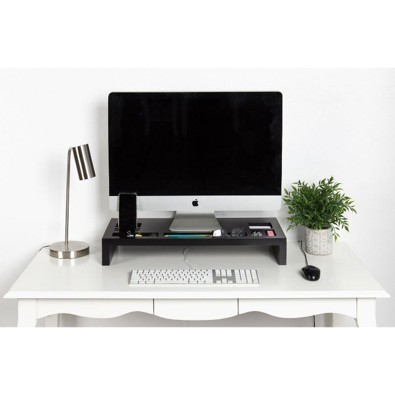 Black Wood Desktop Monitor Stand with Organizer Slots