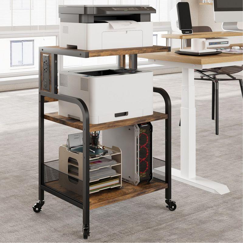 Garvee Printer Stand with Charging Station, 3 Tier Office Rolling Printer Stand with Wheels,End Table for Home Office, Fax Machines, Scanners, Brown