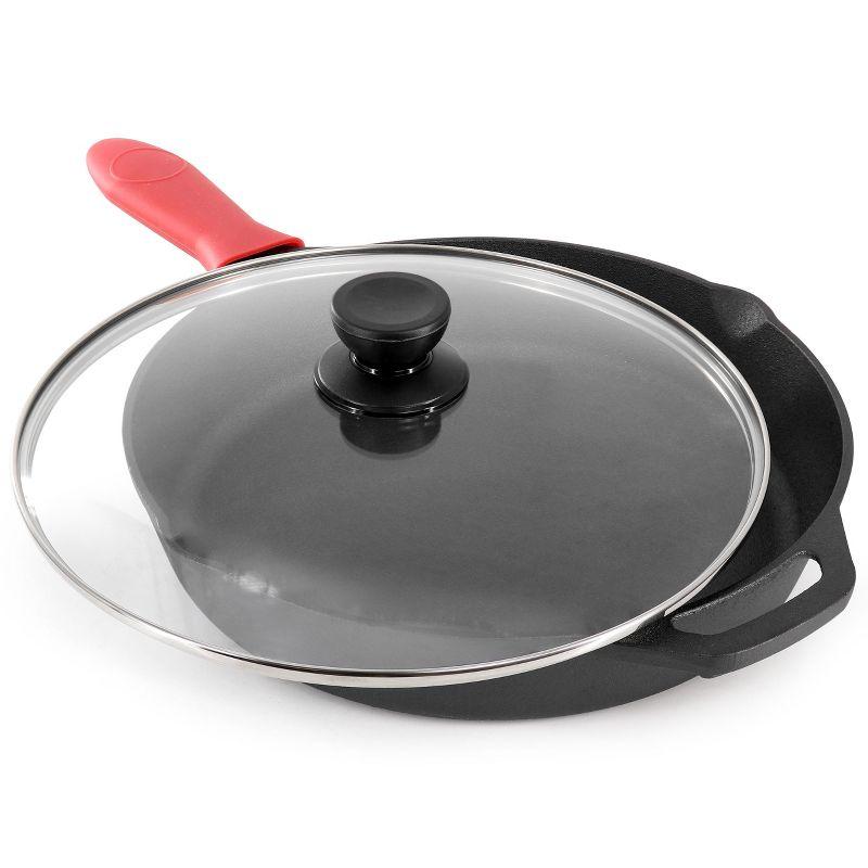 12 Inch Black Cast Iron Skillet with Glass Lid and Accessories