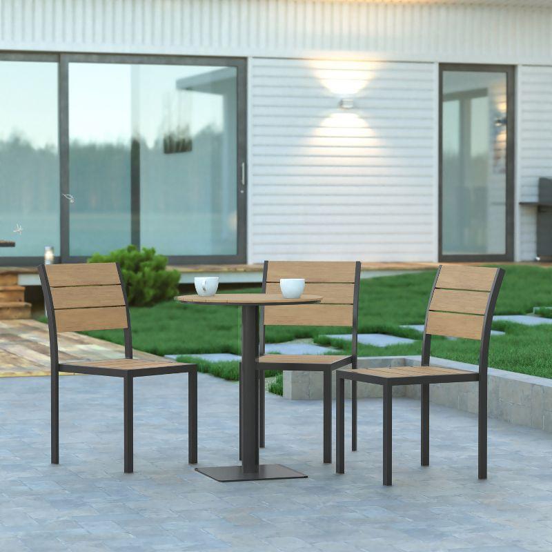 Emma and Oliver Outdoor Stacking Side Chair with Faux Teak Poly Slat Seat, Back and Arms and Metal Frame