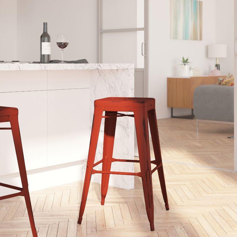 Merrick Lane Metal 30" Bar Height Stool with Distressed Kelly Red Powder Coated Finish and Integrated Floor Glides