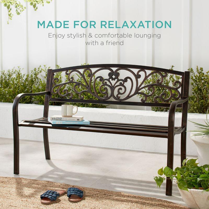 Black Steel Outdoor Bench with Floral Backrest, 52"