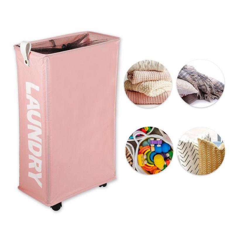 Unique Bargains Laundry Hamper with Wheels with Handle 27" Tall 1 Pc Pink
