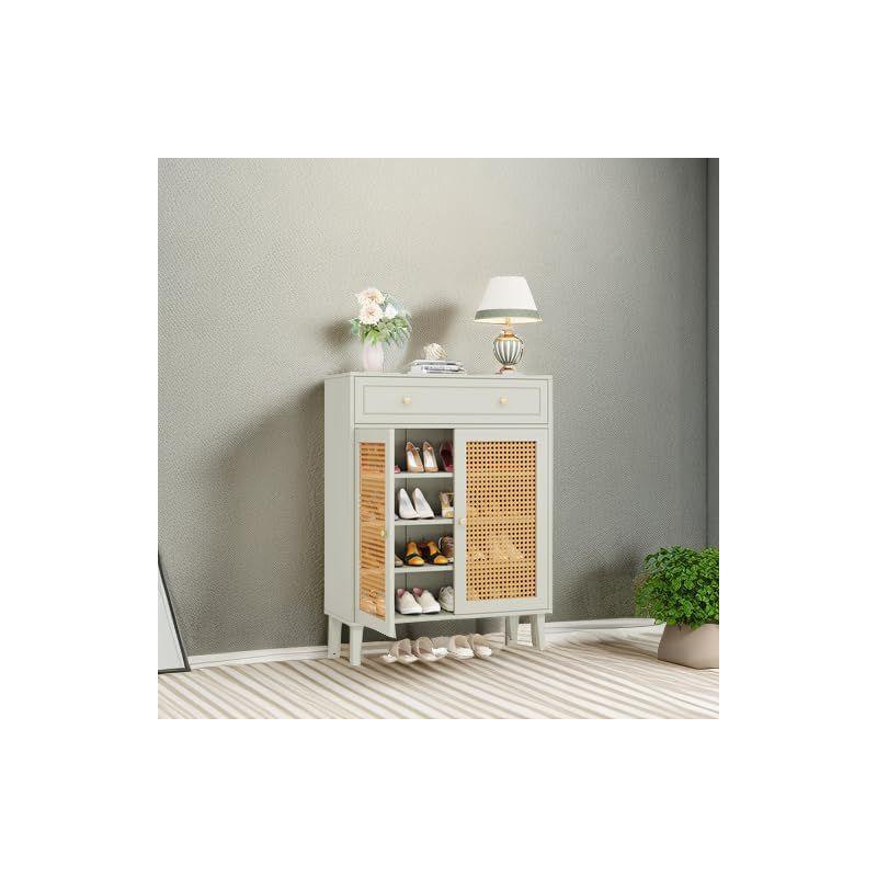 Tribesigns Shoe Cabinet with Drawer, Shoe Storage Cabinet with Adjustable Shelf, Rattan Shoe Organizer for Entryway, Hallway, Living Room, Green
