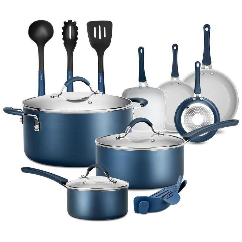 NutriChef 14-Piece Navy Blue Non-Stick Aluminum Cookware Set