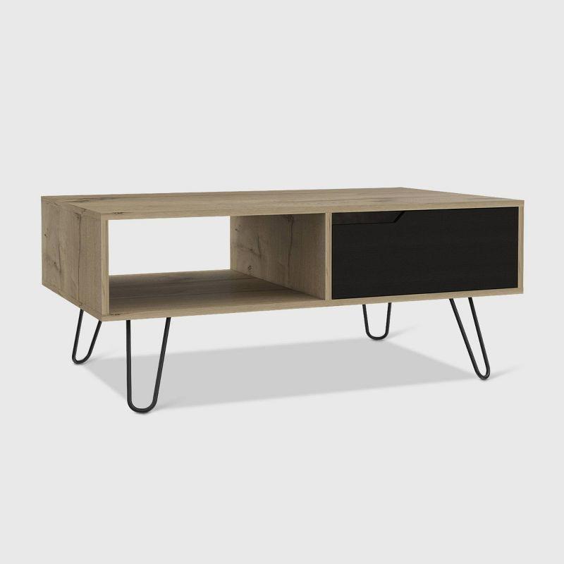 Curved Steel Hairpin & Light Wood Coffee Table with Storage