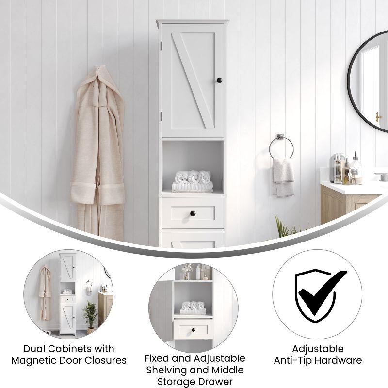 Flash Furniture Dune Freestanding Bathroom Linen Tower Storage Cabinet with Magnetic Close Doors, Adjustable Shelves, Open Display Shelf, and Drawer