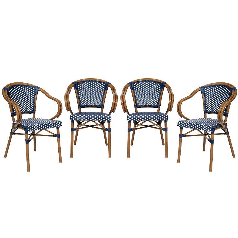 Flash Furniture 4 PK Bordeaux Indoor/Outdoor Commercial Bistro Stacking Chair w/ Arms, Navy & White PE Rattan & Bamboo Print Aluminum Frame in Natural