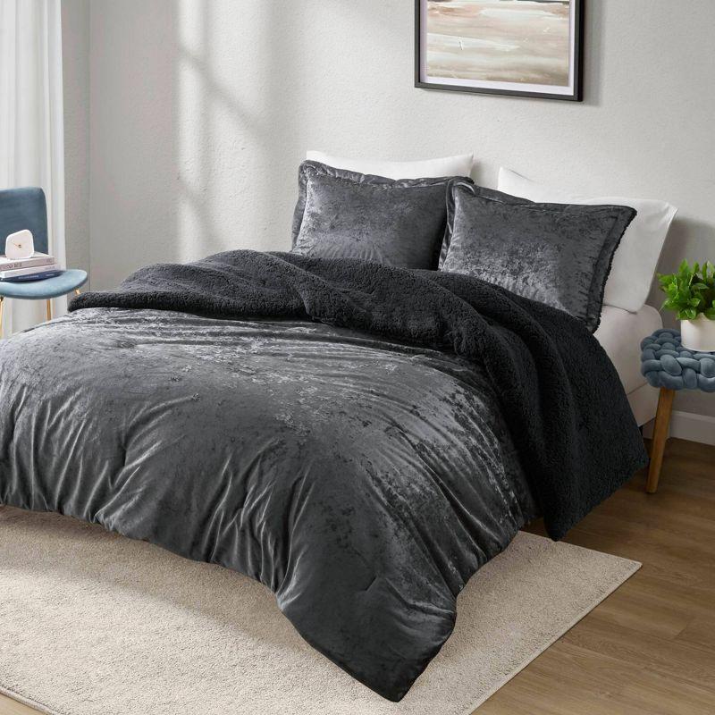 Charcoal King Velvet Reversible Comforter Set with Sherpa