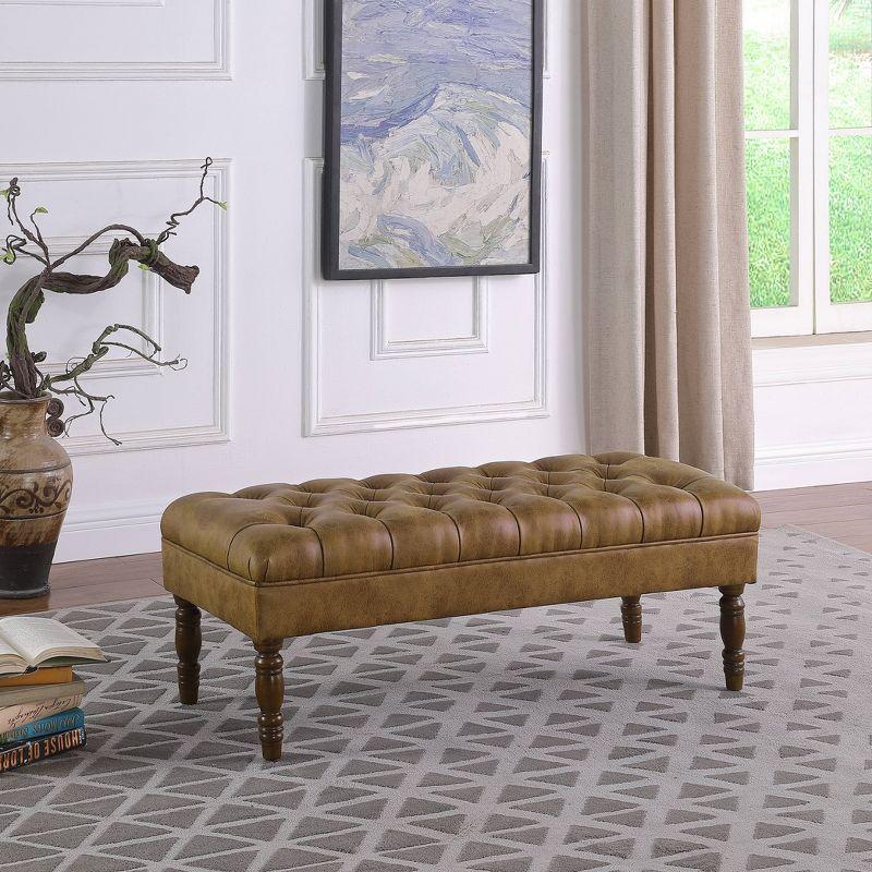 Classic Tufted Medium Bench Vegan Leather Light Brown - HomePop: Upholstered Ottoman, Entryway Seating