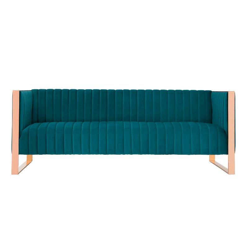 Aqua Blue Velvet and Rose Gold Metal 3-Seater Sofa