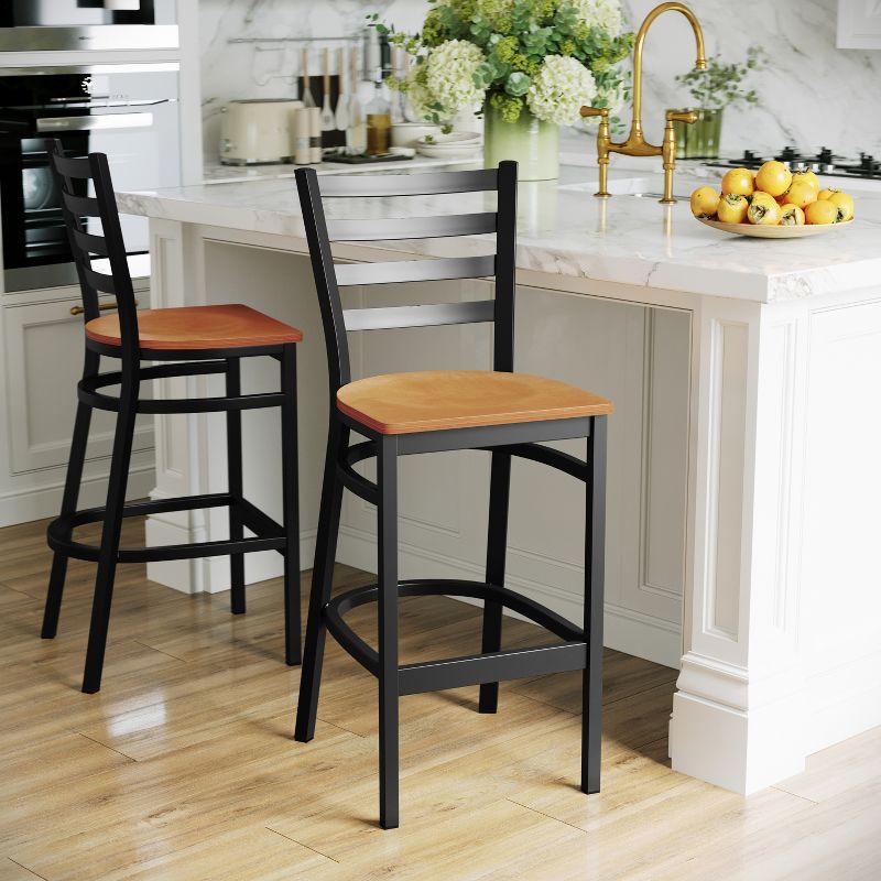 Flash Furniture HERCULES Series Black Ladder Back Metal Restaurant Barstool - Natural Wood Seat