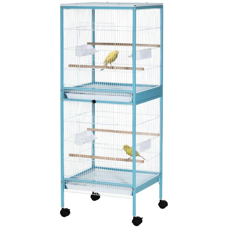 PawHut 55" 2 In 1 Bird Cage Aviary Parakeet House for finches, budgies with Wheels, Slide-out Trays, Wood Perch, Food Containers