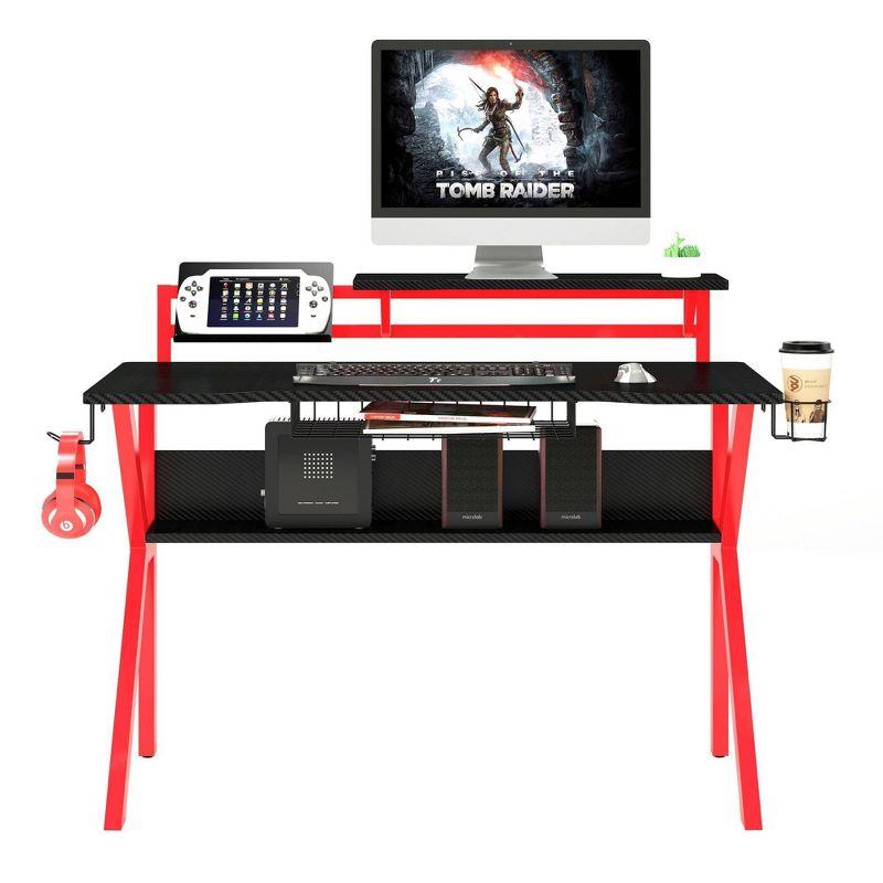 PVC Coated Ergonomic Metal Frame Gaming Desk Black/Red - The Urban Port: Elevated Monitor Shelf, K-Shaped Legs, Headphone Holder