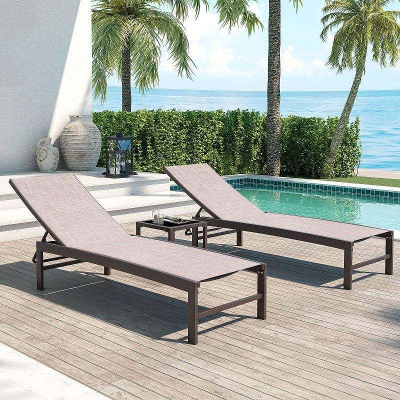 3-Piece Beige Aluminum Adjustable Outdoor Chaise Lounge Set