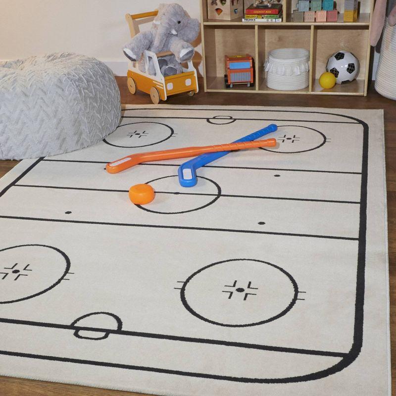 3'11"x5'7" Hockey Time Kids' Rug Cream/Black - Balta Rugs: Kids Area Rug, Hockey Rink Design, Bedroom Decor