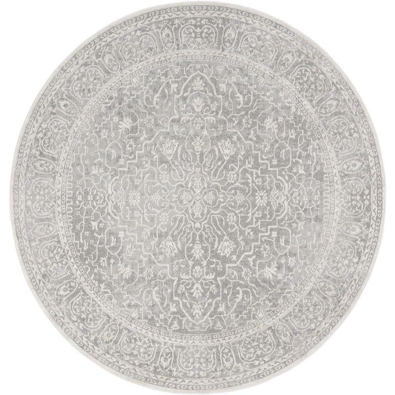 Light Grey and Cream Round Floral Cotton Area Rug