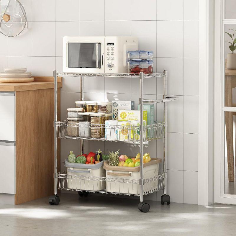 3 Tier Rolling Cart, Metal Kitchen Cart On Wheels with Baskets, Wire Shelving Storage Cart with Handles for Kitchen Bathroom Office Laundry, Chrome