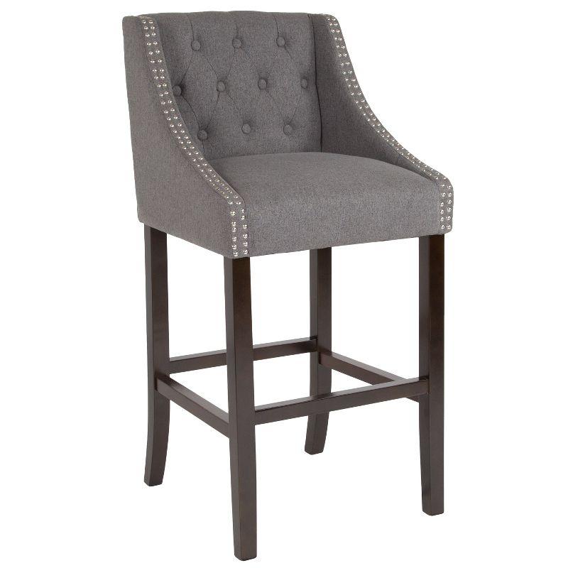 Merrick Lane Upholstered Barstool 30" High Transitional Tufted Walnut Barstool with Accent Nail Trim in Dark Gray Fabric