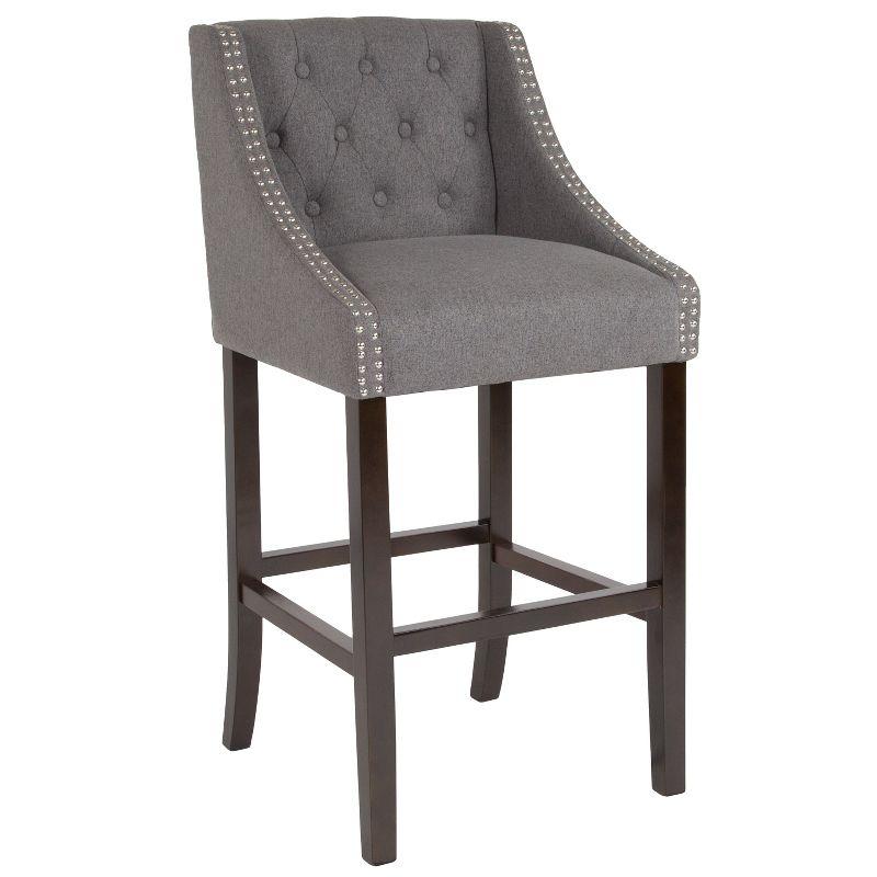 Walnut Frame Barstool with Tufted Dark Gray Fabric and Nailhead Trim