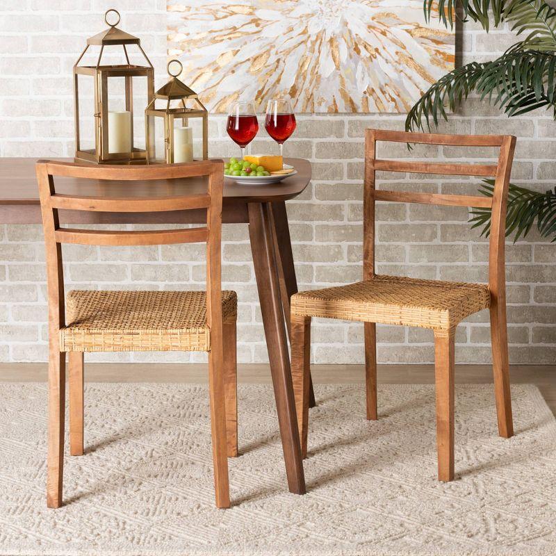 Arthur Mid-Century Modern Walnut and Natural Rattan Dining Chair Set