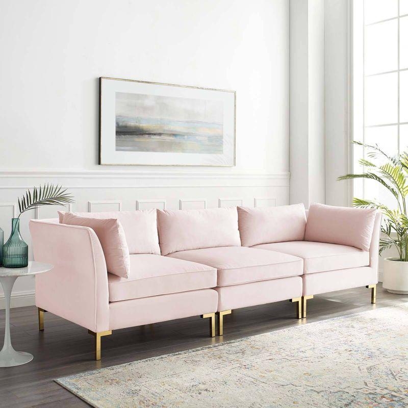 Ardent Performance Velvet Sofa Pink - Modway: Luxurious Upholstered 3-Seater with Gold Metal Legs