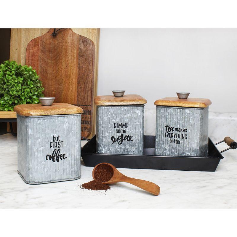 Silver Galvanized and Wood Retro Canister Set, 3-Piece