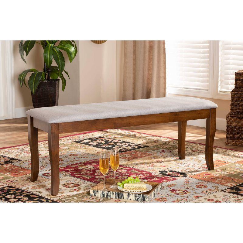 Everly Quinn Violette Modern and Contemporary Gray Fabric Upholstered and Walnut Brown Finished Wood Dining Bench