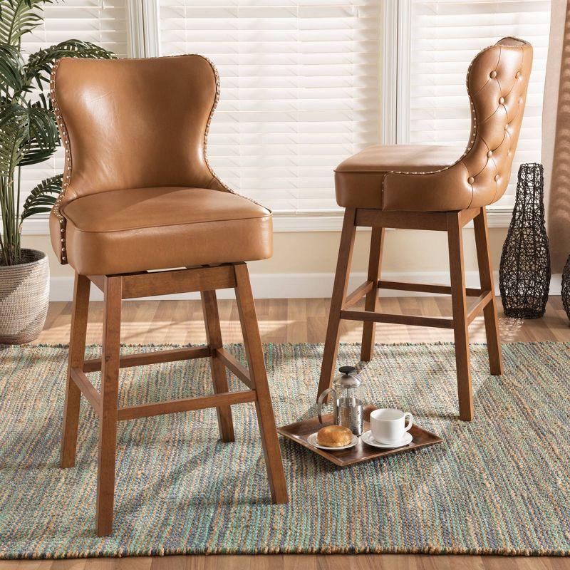 2pc Gradisca Tan Wood Swivel Barstool Set Brown - Baxton Studio: Upholstered, Nailhead Trim, Rectangle Shape