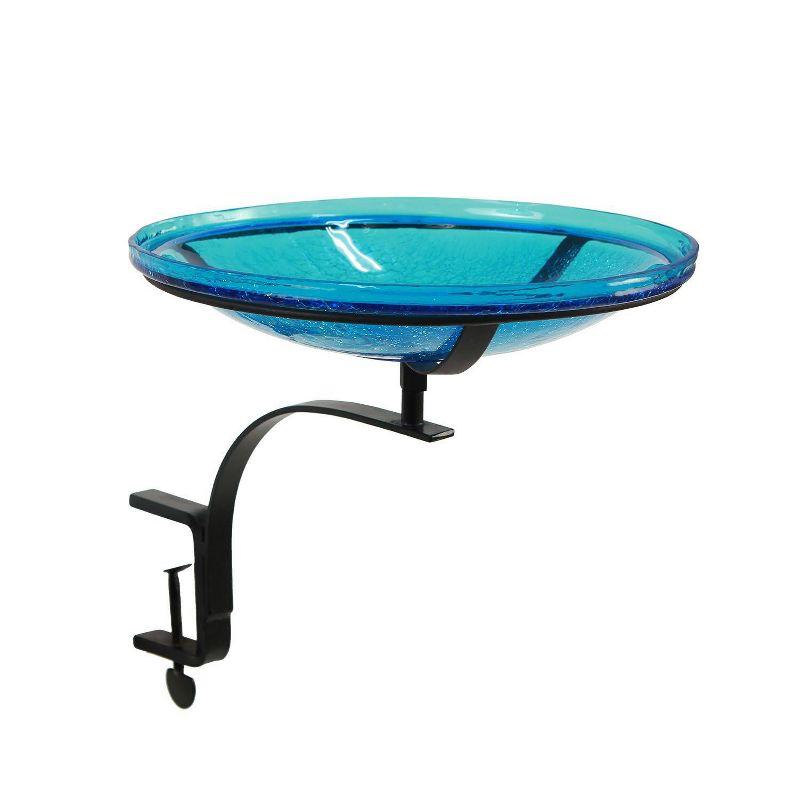 Teal Crackle Glass Birdbath Bowl with Rail Mount Bracket