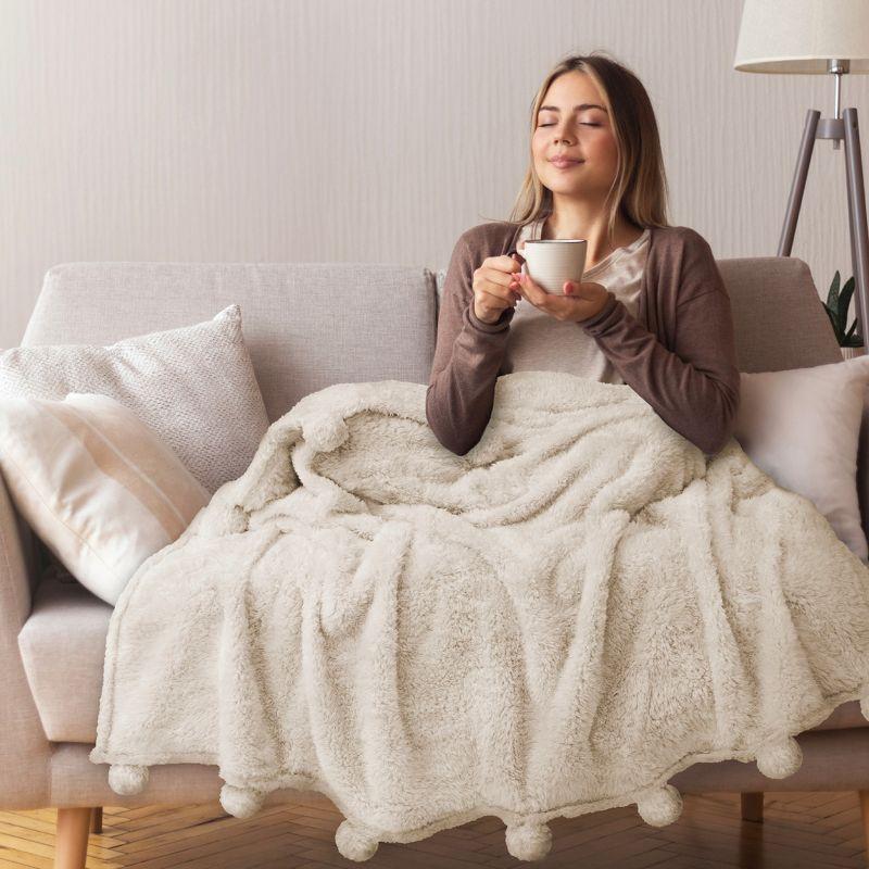 Ivory Cream Sherpa Fleece Throw Blanket with Pom Poms