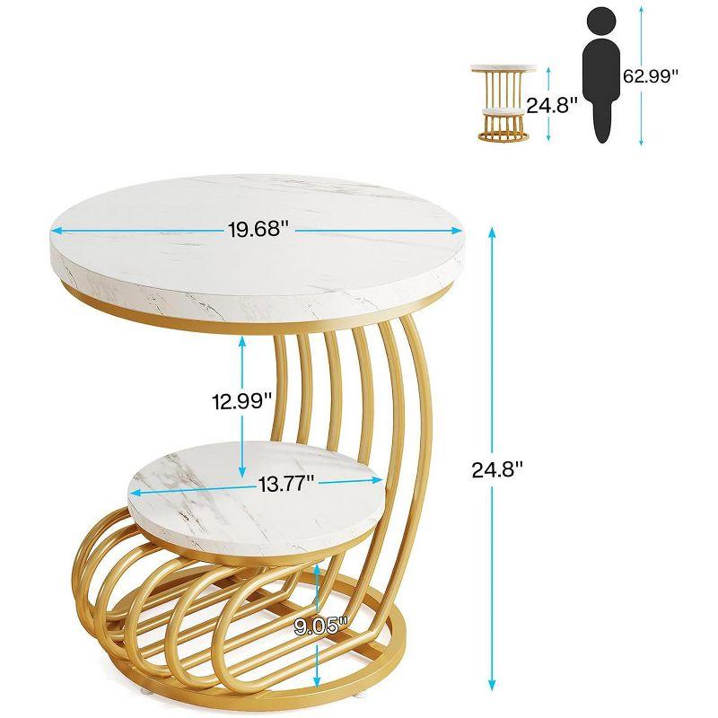 Hommoo Round End Table, 2 Tiers Faux Marble Side Table with Storage Shelf White & Gold