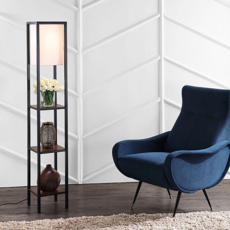 Cherry and Black Rectangle Shelf Floor Lamp with Off-White Shade