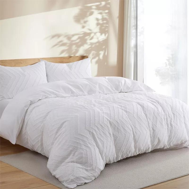 Peace Nest Tufted Clipped Jacquard Geometric Duvet Cover & Pillowcase Set, Wave White, Full/Queen, 90"x90"