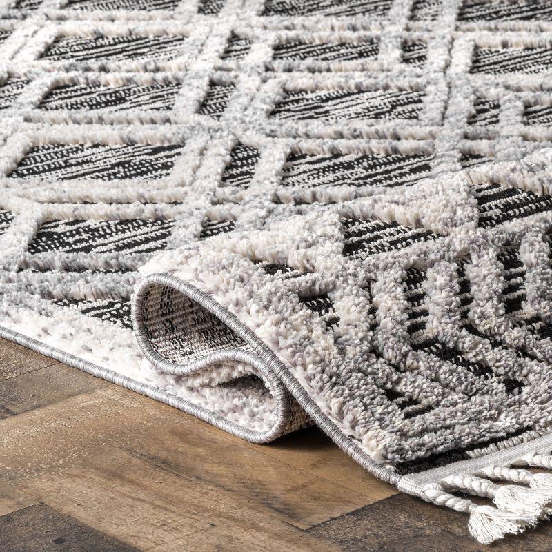 Luxurious Gray Geometric Braided Tassel Shag Rug 3' x 5'