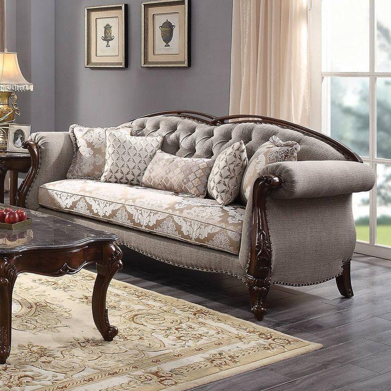 Cherry Finish 90'' Tufted Fabric Sofa with Nailhead Detail