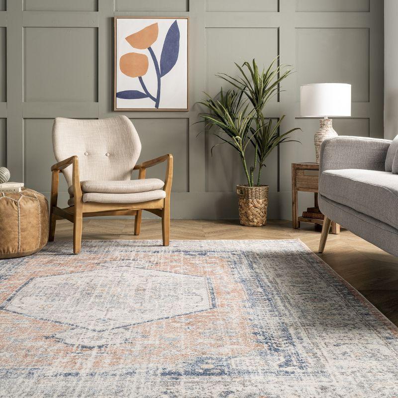 Nuloom 6 Square Machine Washable Rain Haven Vintage Medallion Indoor Area Rug, Peach Non-Slip Backing, Stain Resistant,  BedroomLiving Room, Kitchen
