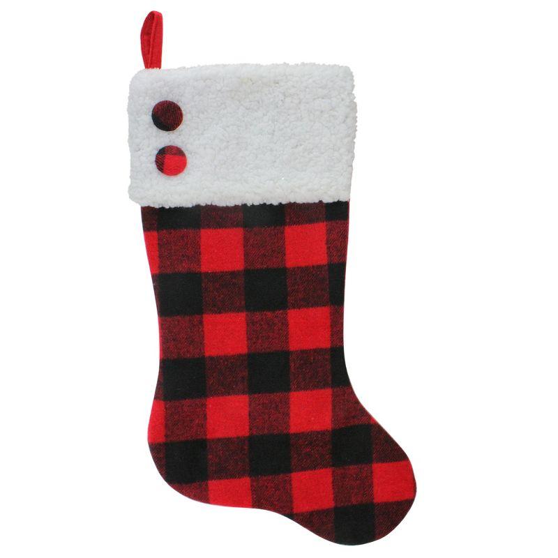 23" Black and Red Buffalo Plaid Christmas Stocking with Sherpa Cuff