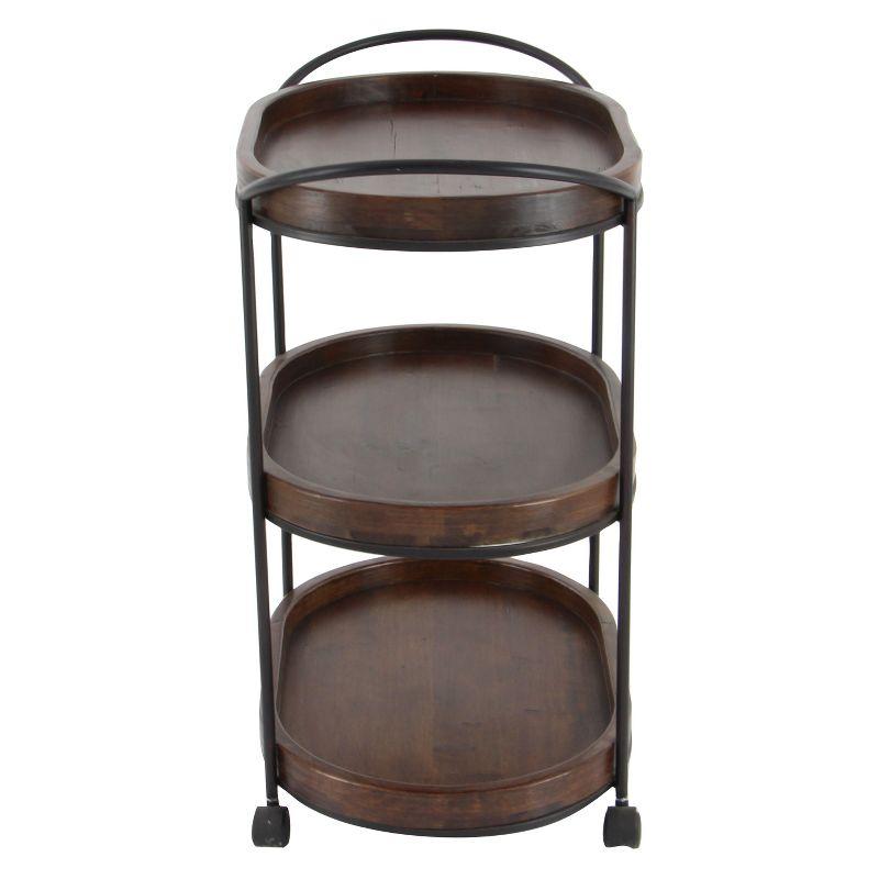 Olivia & May Wood 3 Tier Oval Tray Cart Brown: Pine Rolling Bar Cart with Fixed Shelves, No Assembly Required