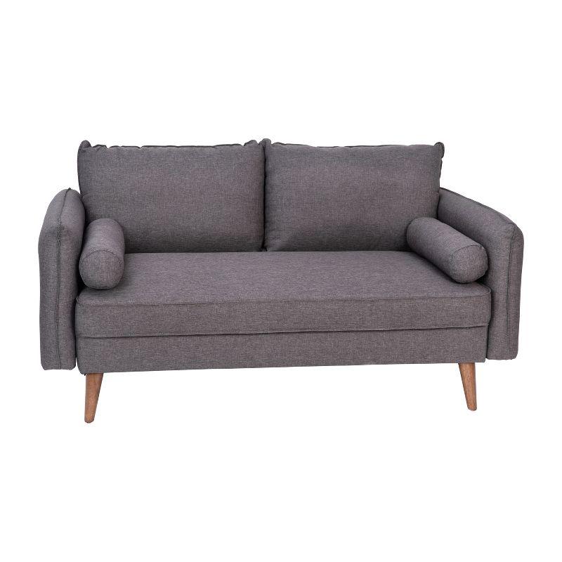 Flash Furniture Evie Mid-Century Modern Loveseat Sofa with Faux Linen Fabric Upholstery & Solid Wood Legs in Stone Gray