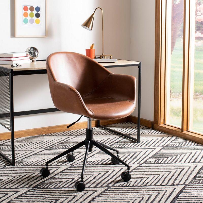 Transitional Ember Swivel Task Chair in Light Brown Leather and Black Wood