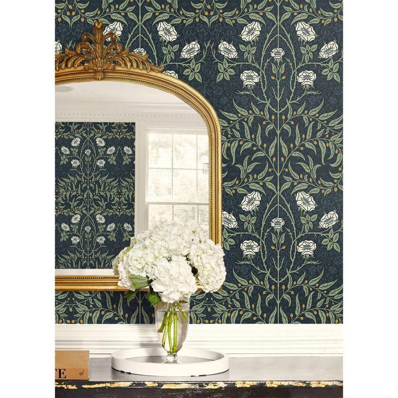 NextWall Stenciled Floral Peel and Stick Wallpaper Blue: Vintage Botanical Adhesive, Repositionable, Washable, 30.75 Sq Ft