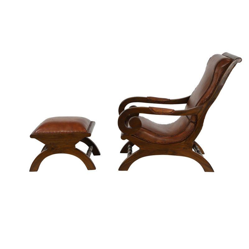 Traditional Teak Wood Accent Chair with Arms and Ottoman Brown - Olivia & May: Leather Upholstered, No Assembly Required