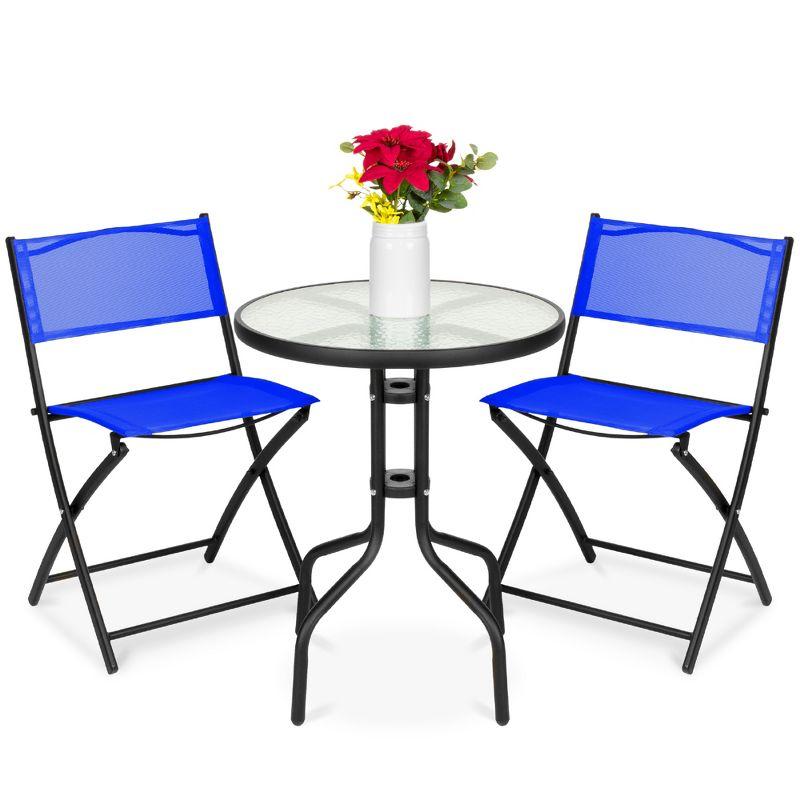 George Oliver 3-Piece Patio Bistro Dining Furniture Set W/ Glass Tabletop, Folding Chairs