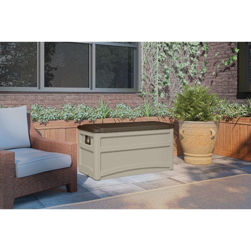 Suncast 78 Gallon Water Resistant Resin Deck Box with Wheels in Light Taupe/Mocha