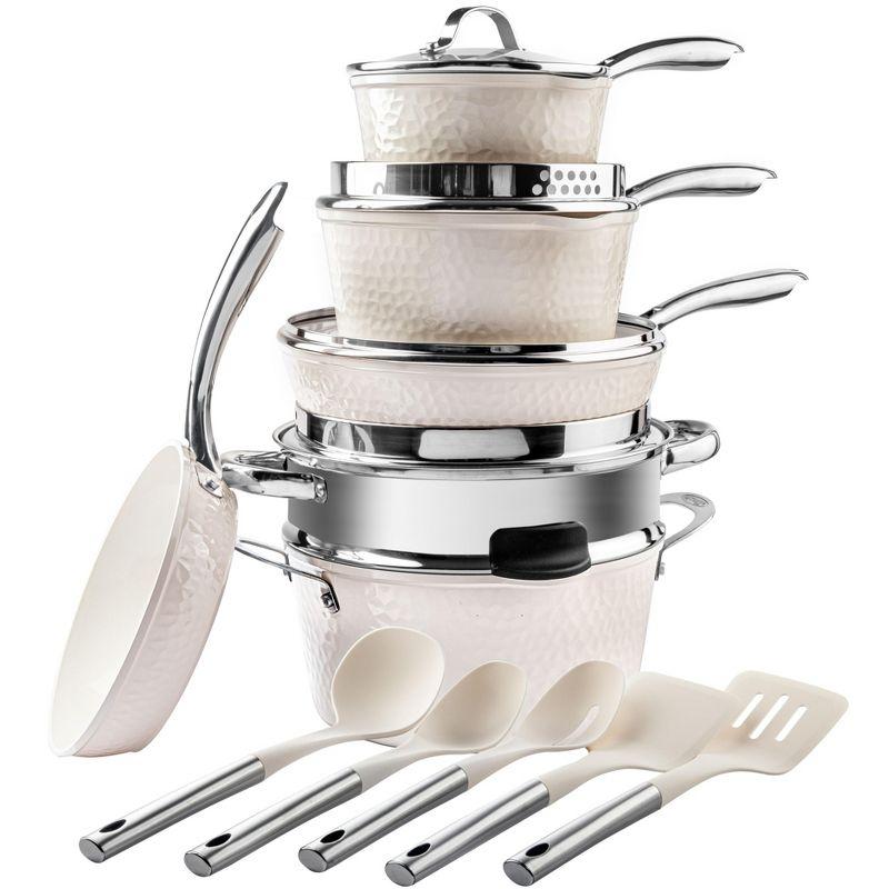 Gotham Steel Hammered Cream 15-Piece Ultra Ceramic Nonstick Cookware Set with Utensils