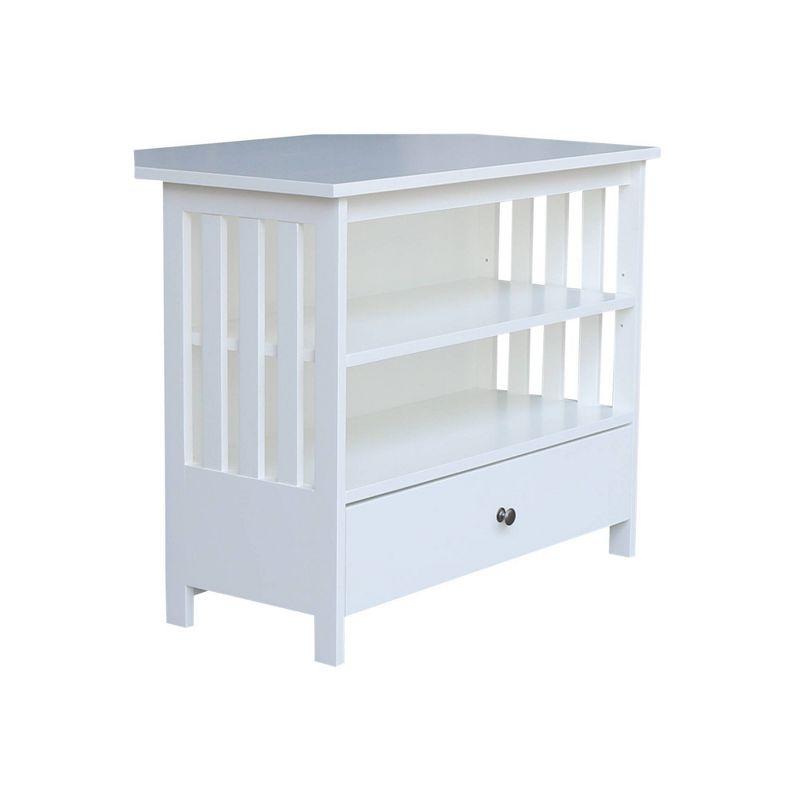 White Solid Wood Corner TV Stand with Shelves and Drawer