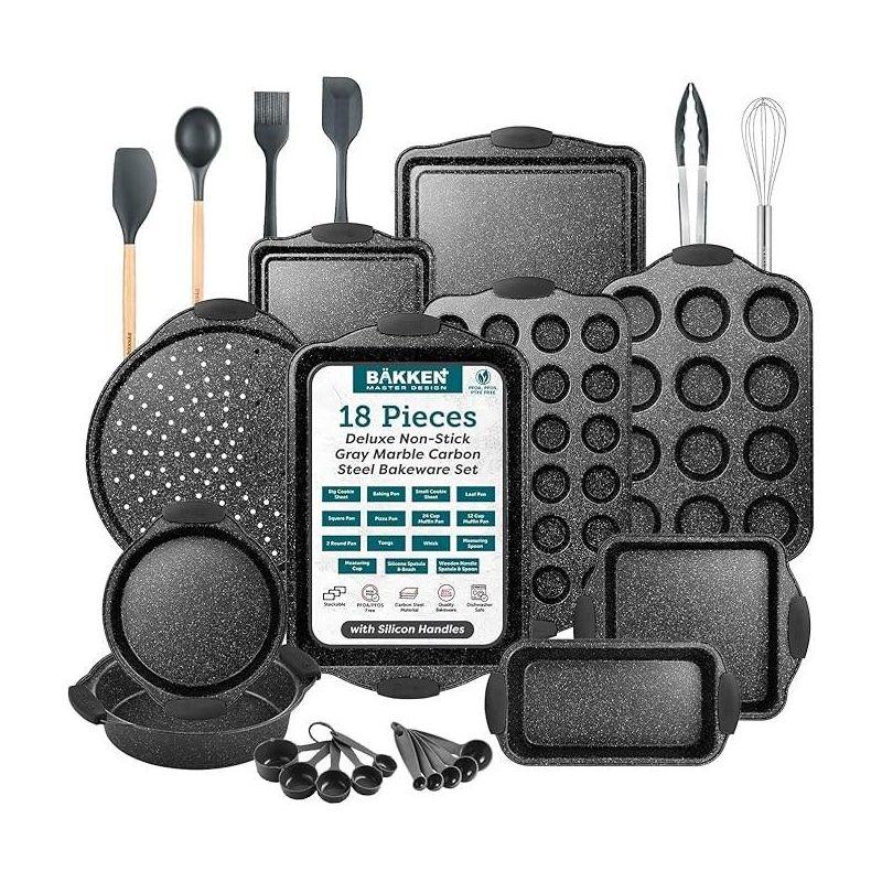 BAKKEN 18-Piece Nonstick Gray Marble Carbon Steel Bakeware Set with Silicone Handles